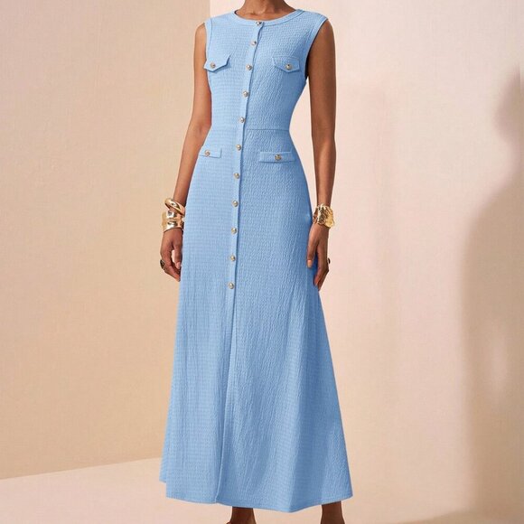 Blue Elegant Women's Round Neck Sleeveless button down Maxi Dress - Picture 3 of 7